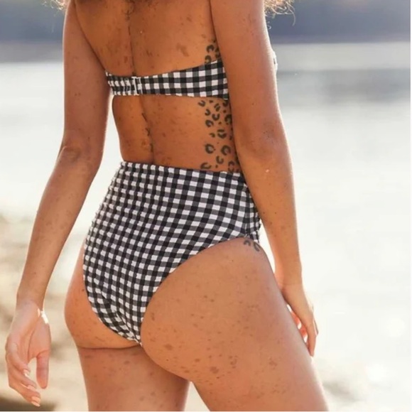(L) aerie High Cut Cheeky Bikini Bottoms Large Blue White Gingham Tie Waist - Picture 9 of 9